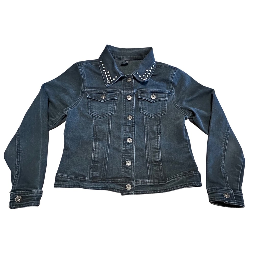 Be Girl Basic Girls Medium Denim Jacket Studded Collar Black/Gray Wash‎ Stretch